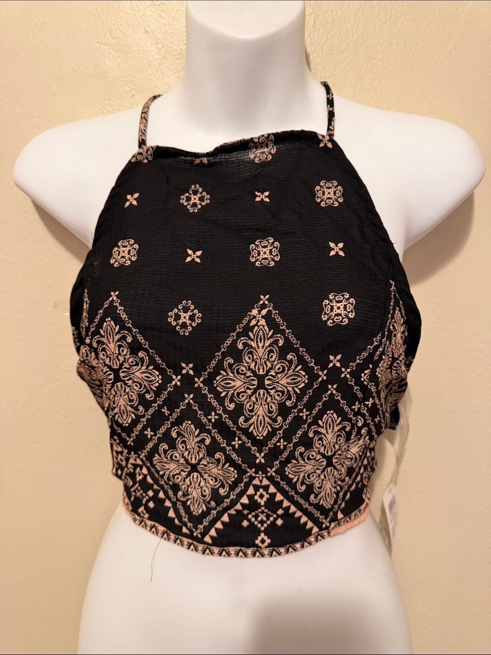 Windsor Black Halter Crop Top with Pink Medallion Print